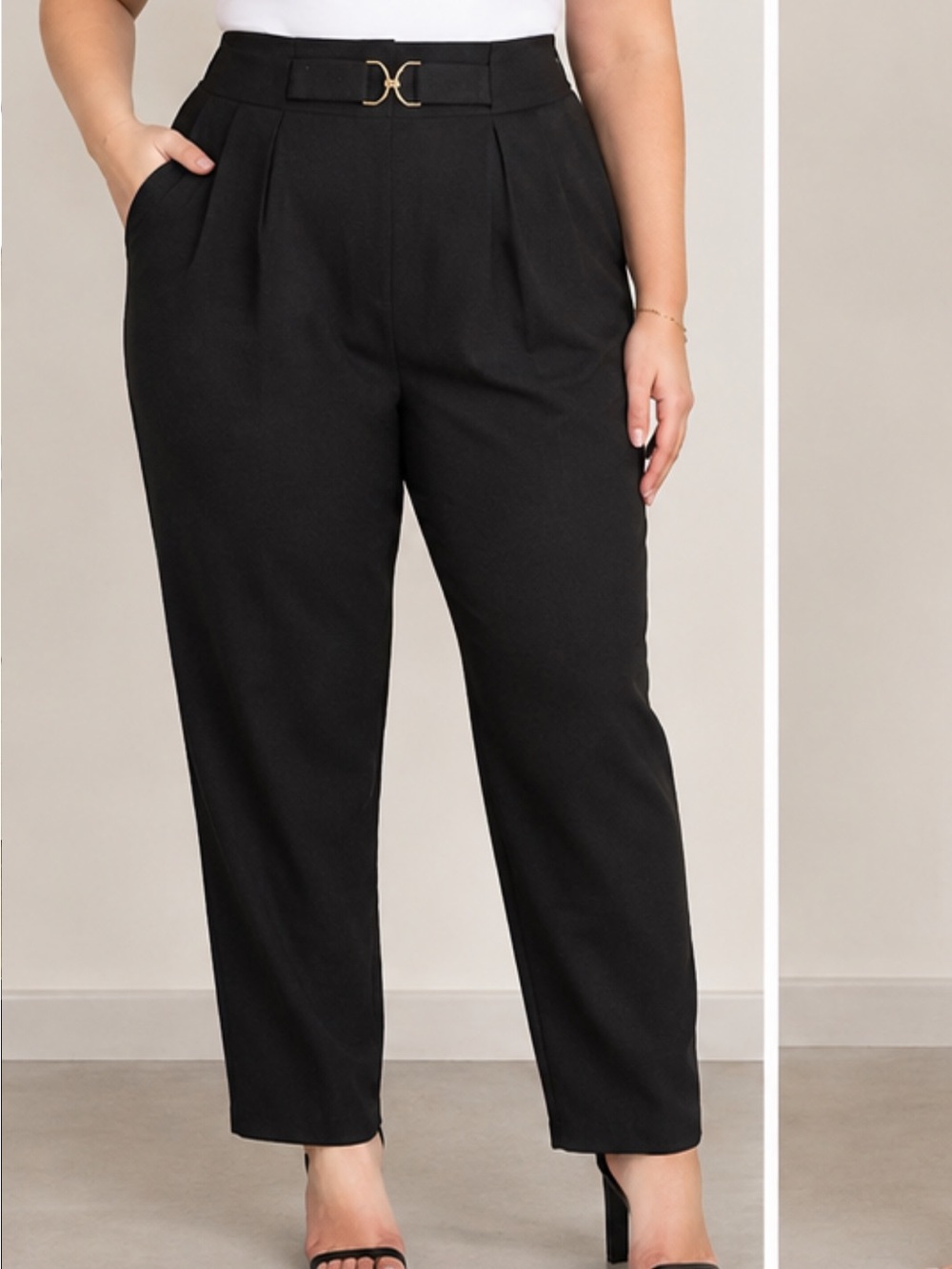 H&M Black High-Waist Tailored Trousers with Gold Belt Detail
